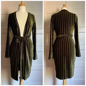 Long Sleeve Green Striped Velvet Duster
